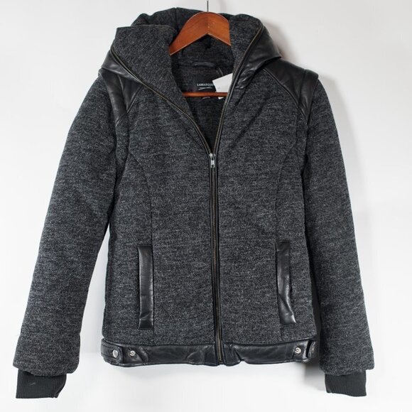 Lamarque Women's Size XS Black Gray Puffer Jacket Hooded Wool Leather Coat NWT - Picture 1 of 7